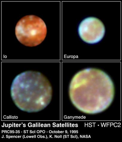 Спутники Юпитера: Ио, Европа, Каллисто, Ганимед. Изображение с сайта hubble.esa.int
