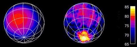 Слева - распределение температуры поверхности, какое ученые ожидали найти на Энцеладе. Справа - то, которое увидели фактически. Температура - в градусах Кельвина (иллюстрация с сайта saturn.jpl.nasa.gov)