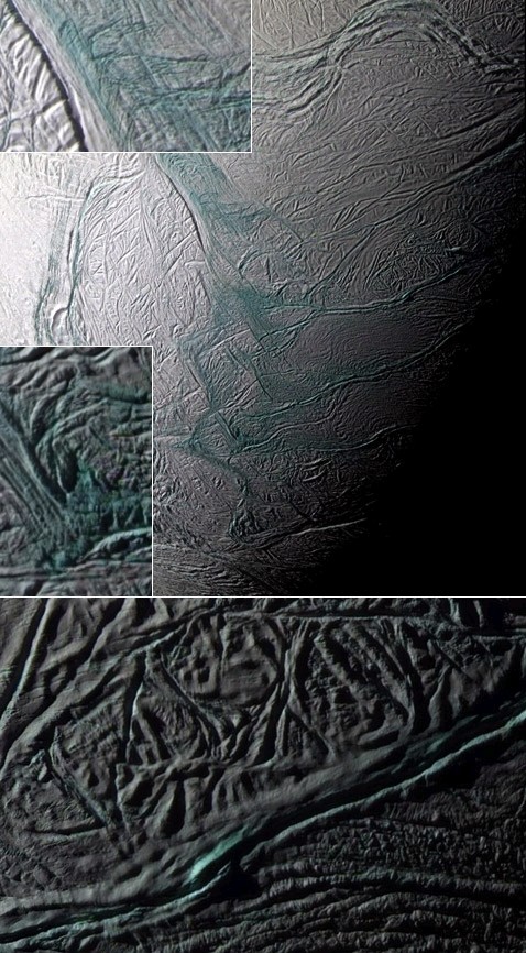 Данный снимок Энцелада получен в трёх частях спектра (ультрафиолете, зелёном и ближнем инфракрасном диапазонах). Четыре основных разлома видны в правом нижнем углу основного кадра (тут они ориентированы горизонтально). На врезках и внизу - фрагменты того же снимка с различным увеличением (фото NASA/JPL/Space Science Institute).