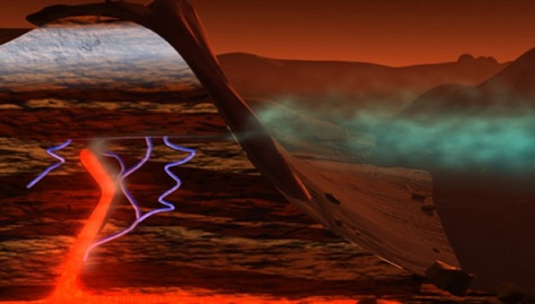 Здесь показан возможный механизм абиогенного происхождения метана, задействующий глубинное тепло Марса, определённые минералы, углекислоту и подземную воду (иллюстрация NASA/Susan Twardy).