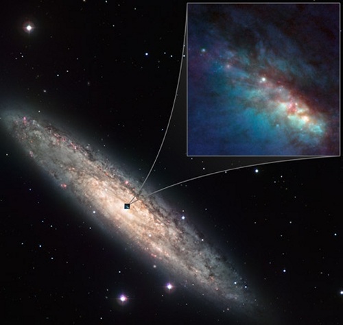 NGC 253 во всей красе и её центр - более подробно. Поле зрения на врезке - 15 угловых секунд (фото ESO).