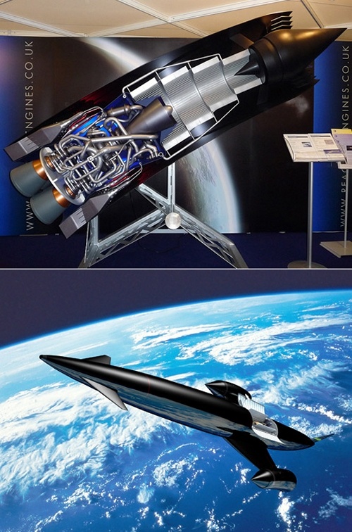 Модель двигателя Sabre и Skylon над планетой (фото и иллюстрация Reaction Engines).