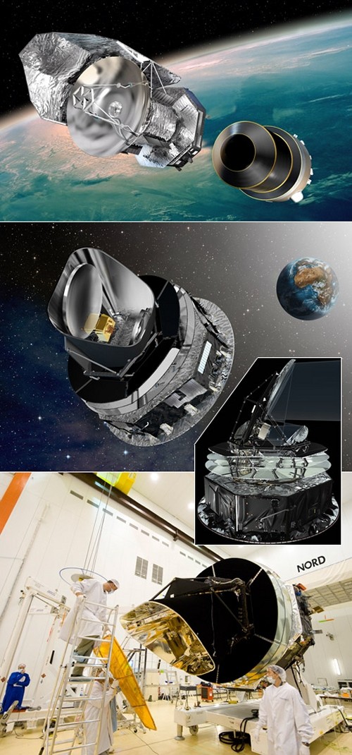 Гершель (вверху, как показано на этом рисунке, он первый отделится от верхней ступени ракеты) и Планк (внизу).